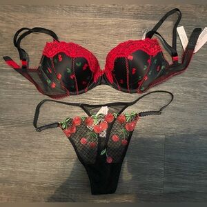 Victoria's Secret Black and Red Cherry Lace Bra Thong Set 32D M